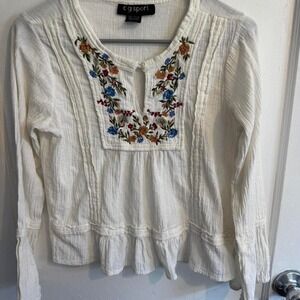 CG Sport Embroidered Peasant Top Blouse Long Sleeve Bohemian Festival